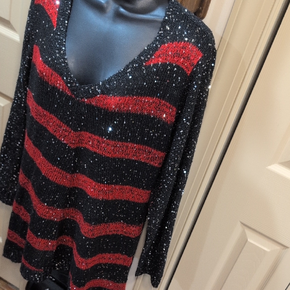 Avenue Sparkling Black and Red Striped Sweater nwt
